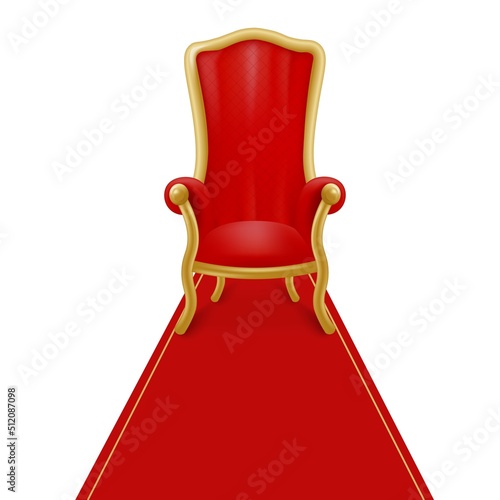 Velvet or leather royal armchair with red carpet, celebrity throne, 3d vector illustration isolated on white background.