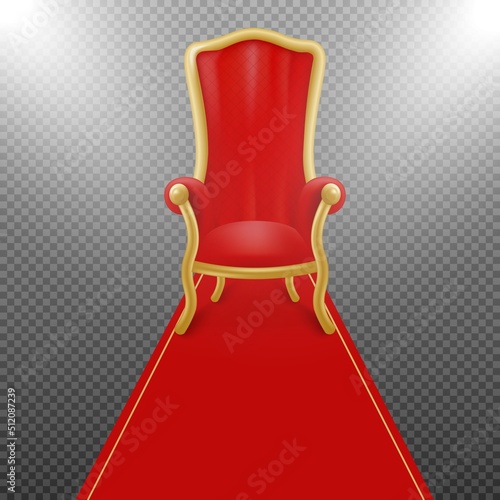 Luxury throne with red carpet in spotlights, royal armchair - 3d vector illustration isolated on transparent background.