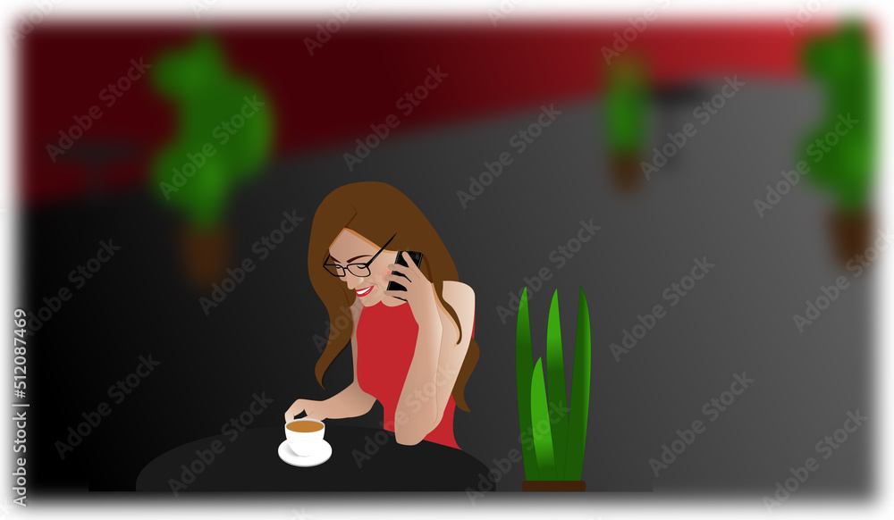 Fototapeta Beauty woman with long hair speak on the phone in caffee