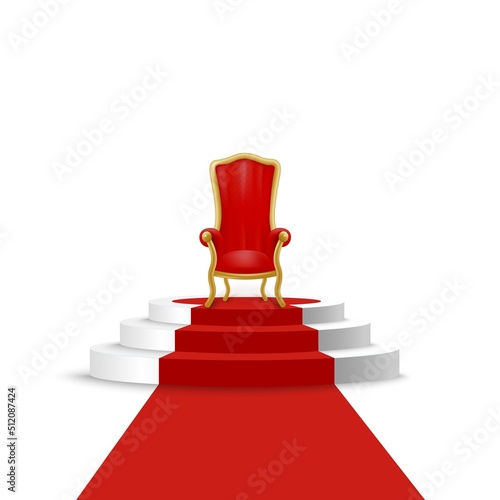 Royal throne on podium with red carpet, realistic vector illustration isolated.
