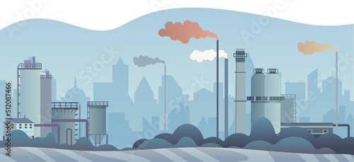 City air pollution vector illustration. Cartoon chimneys and pipes of power energy industry manufacturing, chemical plants and factory pollute environment with smog, smoke and dust background