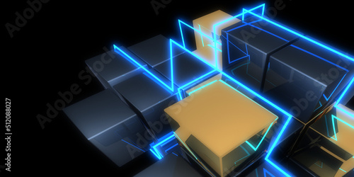 3D abstract background with neon lights. neon tunnel .space CUBES construction . .3d illustration