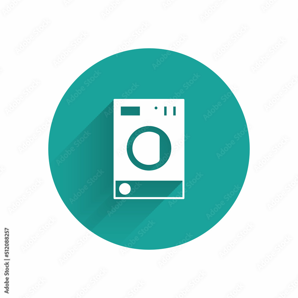 White Washer icon isolated with long shadow background. Washing machine icon. Clothes washer - laundry machine. Home appliance symbol. Green circle button. Vector White Washer icon isolated with long shadow background. Washing machine icon. Clothes washer - laundry machine. Home appliance symbol. Green circle button. Vector
