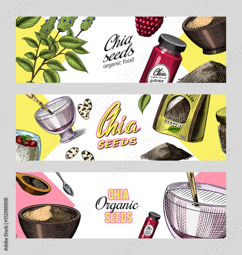 Chia plant and seeds card. Salvia hispanica. Poster or banner. Spice packaging, wooden spoon. A handful of seasoning and a glass bottle. Engraved hand drawn in old sketch and vintage background. 