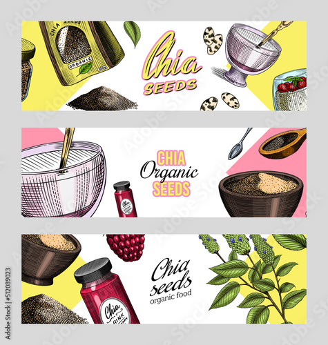 Chia plant and seeds card. Salvia hispanica. Poster or banner. Spice packaging, wooden spoon. A handful of seasoning and a glass bottle. Engraved hand drawn in old sketch and vintage background. 