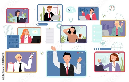 Online business call. Office management, how organization remote interaction process. Workflow, workers community video conference, decent vector concept