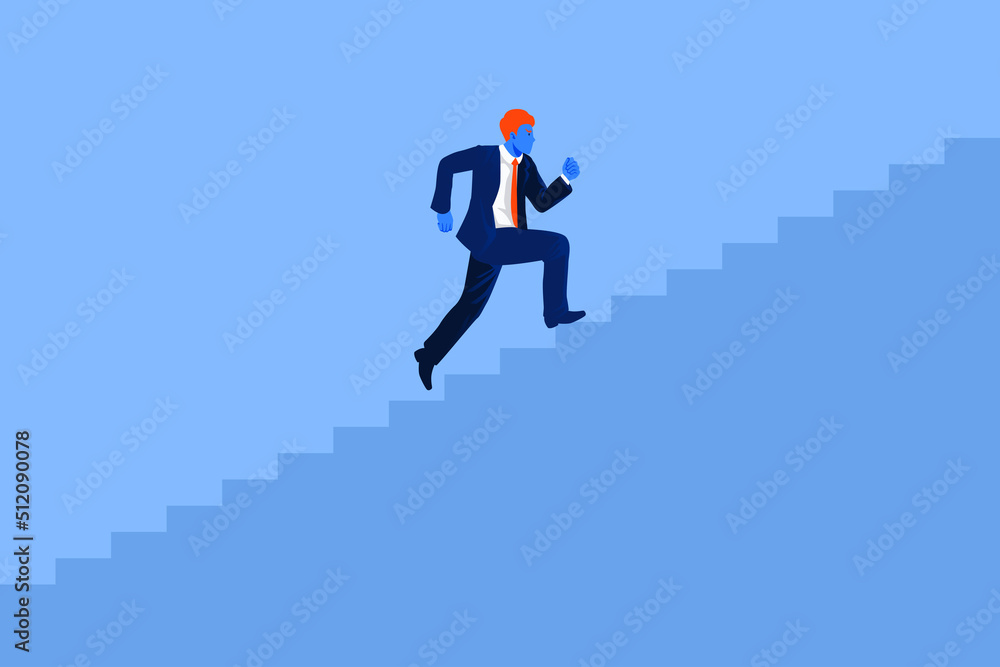 Business startup concept. Businessman running the stairs up to be success. vector illustration