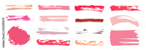 Makeup strokes. Beauty and cosmetic nude brush stains. Set of lipstick swatches. Hand drawn.