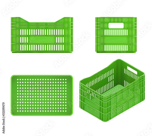 3d Green Plastic Vegetable Crates Set. Vector Photo Realistic Mockup Isolated On White Background. Front, Top, Back And Isometric Views