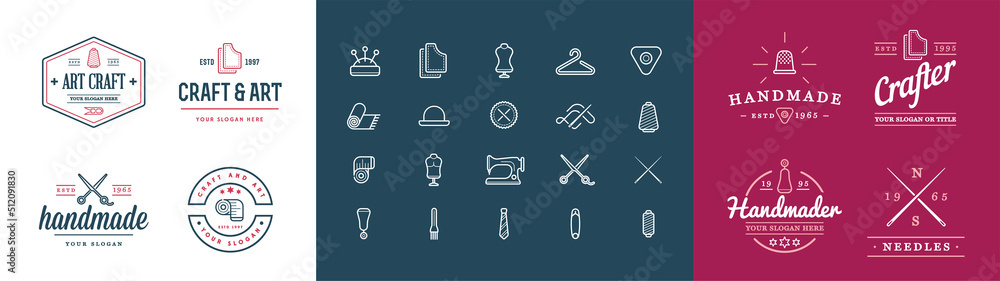 Sign Design with Icons. Handmade, DIY, Craft, Tailoring and Knitting. Sign Design with Icons. Handmade, DIY, Craft, Tailoring and Knitting.