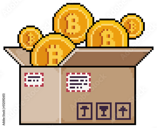 Pixel art bitcoins in cardboard box. Cryptocurrency order vector icon for 8bit game on white background
