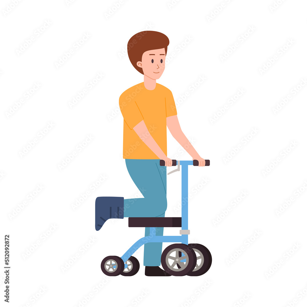 Man with fracture moving on scooter, flat vector illustration isolated. Man with fracture moving on scooter, flat vector illustration isolated.