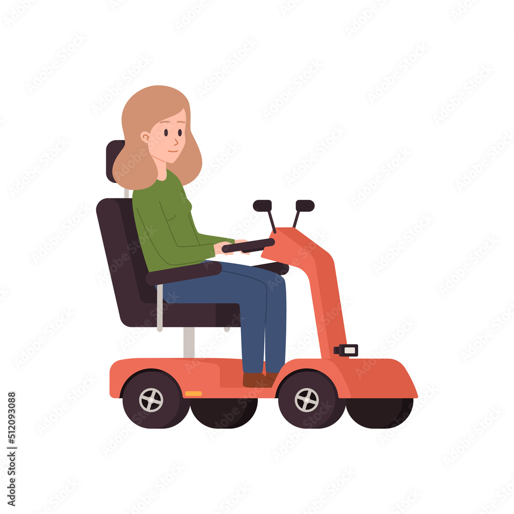 Woman riding scooter for people with disability, flat vector isolated.