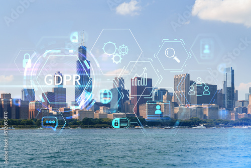 City view of Downtown skyscrapers of Chicago skyline panorama over Lake Michigan, harbor area, day time, Illinois, USA. GDPR hologram, concept of data protection regulation and privacy for individuals photo