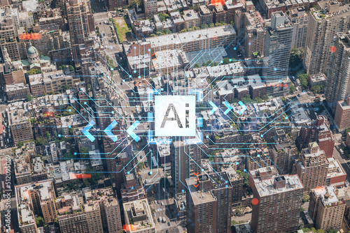 Aerial top view of New York City building roofs. Bird's eye view from helicopter of metropolis cityscape. Artificial Intelligence concept, hologram. AI, machine learning, neural network, robotics © VideoFlow