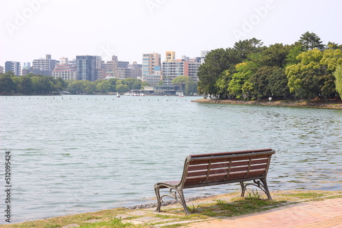 湖の前のベンチ、都会の公園