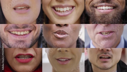 Collage of diverse group of nine mouths of different genders and ethnicities all talking to camera