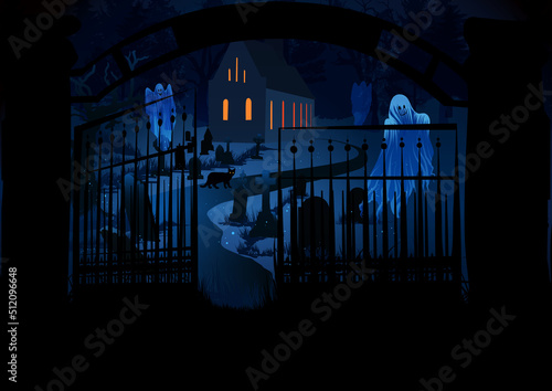 Church with old graveyard, ghosts, black cat and gate. Halloween background