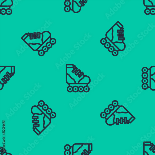 Blue line Roller skate icon isolated seamless pattern on green background. Vector