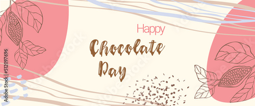 Happy chocolate day card or banner in boho style. Hand drawn doodle lettering Happy Chocolate Day with chocolate drips and chocolate chips. Vector illustration