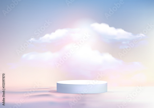 Cosmetic display product stand, white round cylinder podium on water reflect and sunset light background. vector illustration