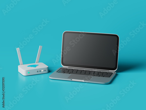 Fotografie Simple wifi router and an open laptop 3d render illustration.