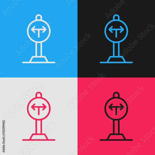 Pop art line Fork in the road icon isolated on color background. Vector