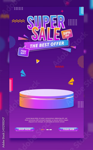Super sale promo poster template with podium and abstract background