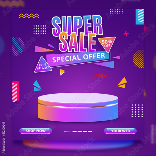 Super sale promo banner template with podium and abstract background