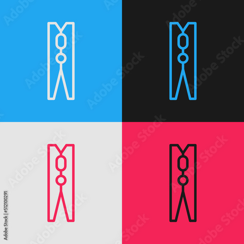 Pop art line Old wood clothes pin icon isolated on color background. Clothes peg. Vector