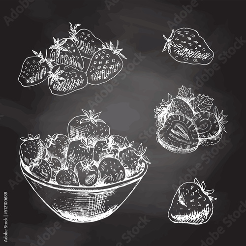 Vector  sketch set  of  strawberries.  Hand drawn  white sketch on black chalkboard.  Summer berries.  Great for label, poster, print.