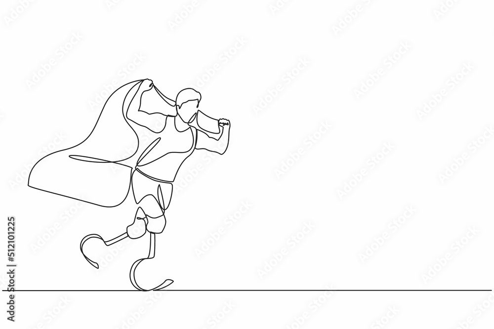 Continuous one line drawing disabled runner athlete man. Sportsman with prosthesis leg holding flag. Athletic male cheering and running with flag raised in the air. Single line graphic design vector