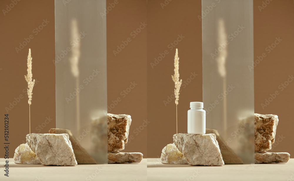 Podium of marble stones, dry plant spikelet for cosmetics presentation. Empty stone pedestal for beauty products