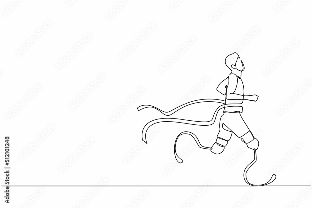 Continuous one line drawing young male athlete wins competition. Disabled sportsman with amputee crossing finish line. Sport, summer disability games, recovery. Single line draw design vector graphic Continuous one line drawing young male athlete wins competition. Disabled sportsman with amputee crossing finish line. Sport, summer disability games, recovery. Single line draw design vector graphic
