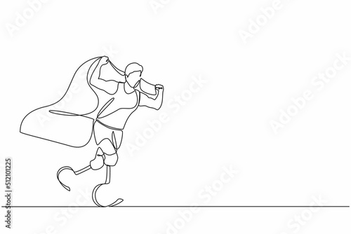 Continuous one line drawing disabled runner athlete man. Sportsman with prosthesis leg holding flag. Athletic male cheering and running with flag raised in the air. Single line graphic design vector