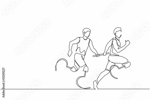 Continuous one line drawing two disable runners with prosthesis leg, disability men, amputee athletes, amputees running in relay race handing over the baton. Single line draw design vector graphic photo