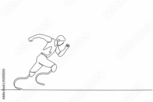 Single continuous line drawing disabled athlete runs on prostheses. Male disability runs. Disabled sportsman with amputated foot. Disabled sport, disability games. One line draw graphic design vector