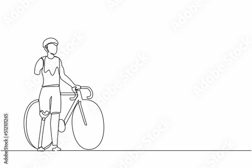 Single one line drawing man with prosthetic leg standing beside his bicycle bike. Sport training. Disability game. Disabled rehabilitation, recovery rehab. Continuous line draw design graphic vector