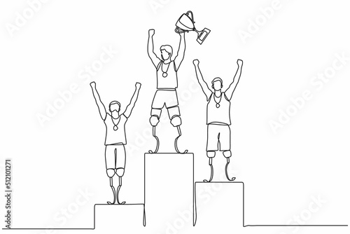 Continuous one line drawing disabled man winning the competition while holding gold trophy at podium. Disabled people, disability games competition. Single line draw design vector graphic illustration