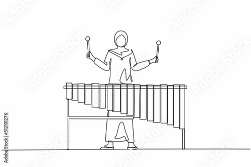 Single one line drawing woman Arabian percussion player play marimba. Young female musician playing traditional Mexican marimba instrument at music festival. Continuous line draw design graphic vector
