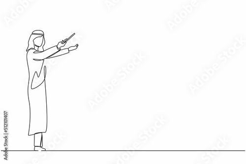 Single continuous line drawing Arab man music conductor. Male musician perform on stage directing symphony orchestra. Classical music performance, instrumental ensemble. One line graphic design vector