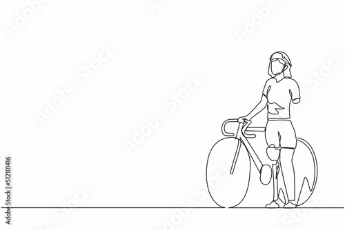 Single continuous line drawing woman with prosthetic leg standing beside her bicycle bike. Sport training. Disability game. Disabled rehabilitation, recovery rehab. One line draw graphic design vector