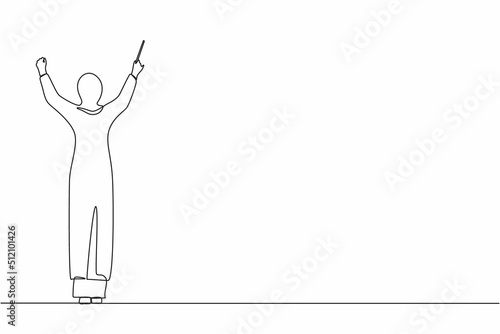 Single continuous line drawing back view Arab woman conductor performing on stage, female musician in tuxedo directing classic instrumental symphony orchestra. One line draw design vector illustration