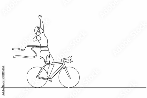 Single one line drawing disability games female disabled athlete or sportswoman riding bicycle and crossing finish line. Ribbon breaker winner. Winning champion concept. Continuous line design vector