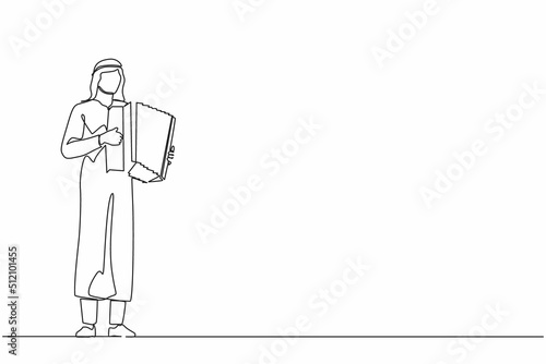 Single continuous line drawing Arab man musician playing accordion. Male performer plays acoustic musical instrument. Accordionist perform playing music instrument. One line draw graphic design vector