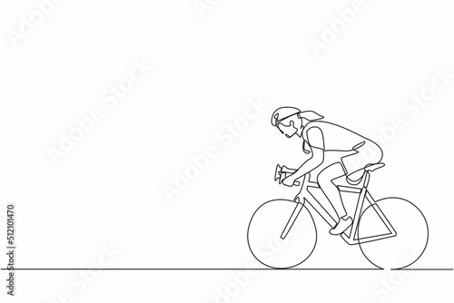 Continuous one line drawing female athlete cyclist with physical disabilities in action at championship. Concept for sport, summer disability games, recovery. Single line draw design vector graphic