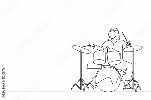 Single one line drawing Arab male musician, jazz, rock and roll playing drum instruments, percussion. Music festival, pop concert, wedding party performance. Continuous line draw design graphic vector