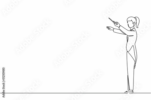 Single one line drawing woman music conductor. Female musician perform on stage directing symphony orchestra. Classical music performance, instrumental ensemble. Continuous line design graphic vector