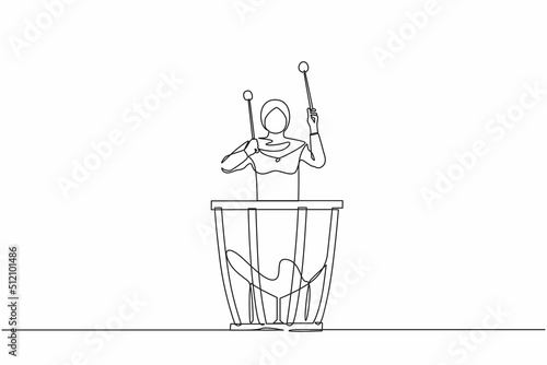 Single continuous line drawing Arab female percussion player play on timpani. Woman performer holding stick and playing musical instrument. Musical instrument timpani. One line graphic design vector
