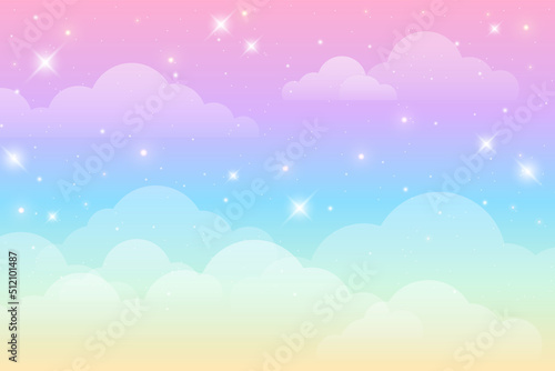 Fototapeta Naklejka Na Ścianę i Meble -  Rainbow unicorn background with clouds and stars. Pastel color sky. Magical landscape, abstract fabulous pattern. Cute candy wallpaper. Vector.